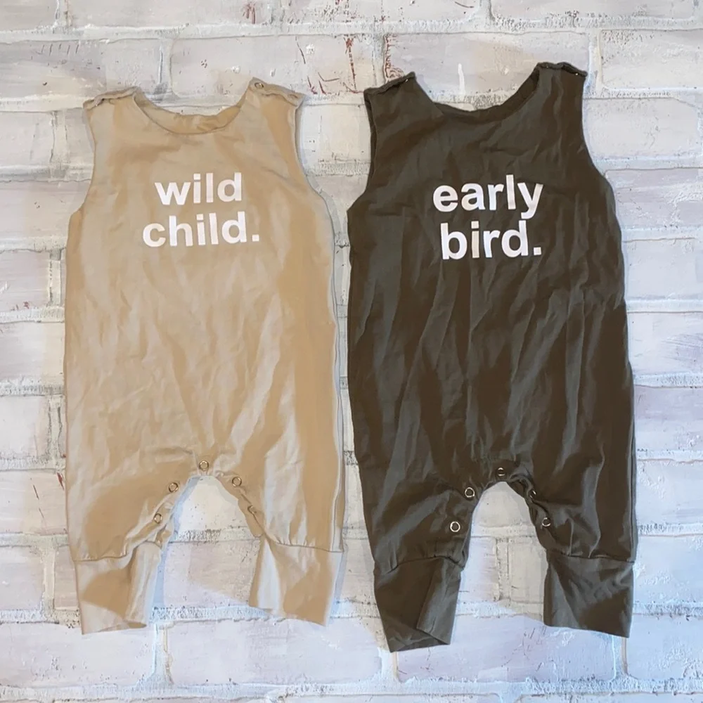 Wild Child & Early Bird 6m neutral rompers matching twin set